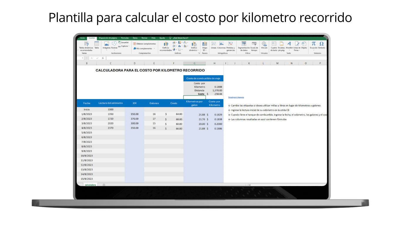 Plantilla Excel para calcular el costo por kilometro recorrido