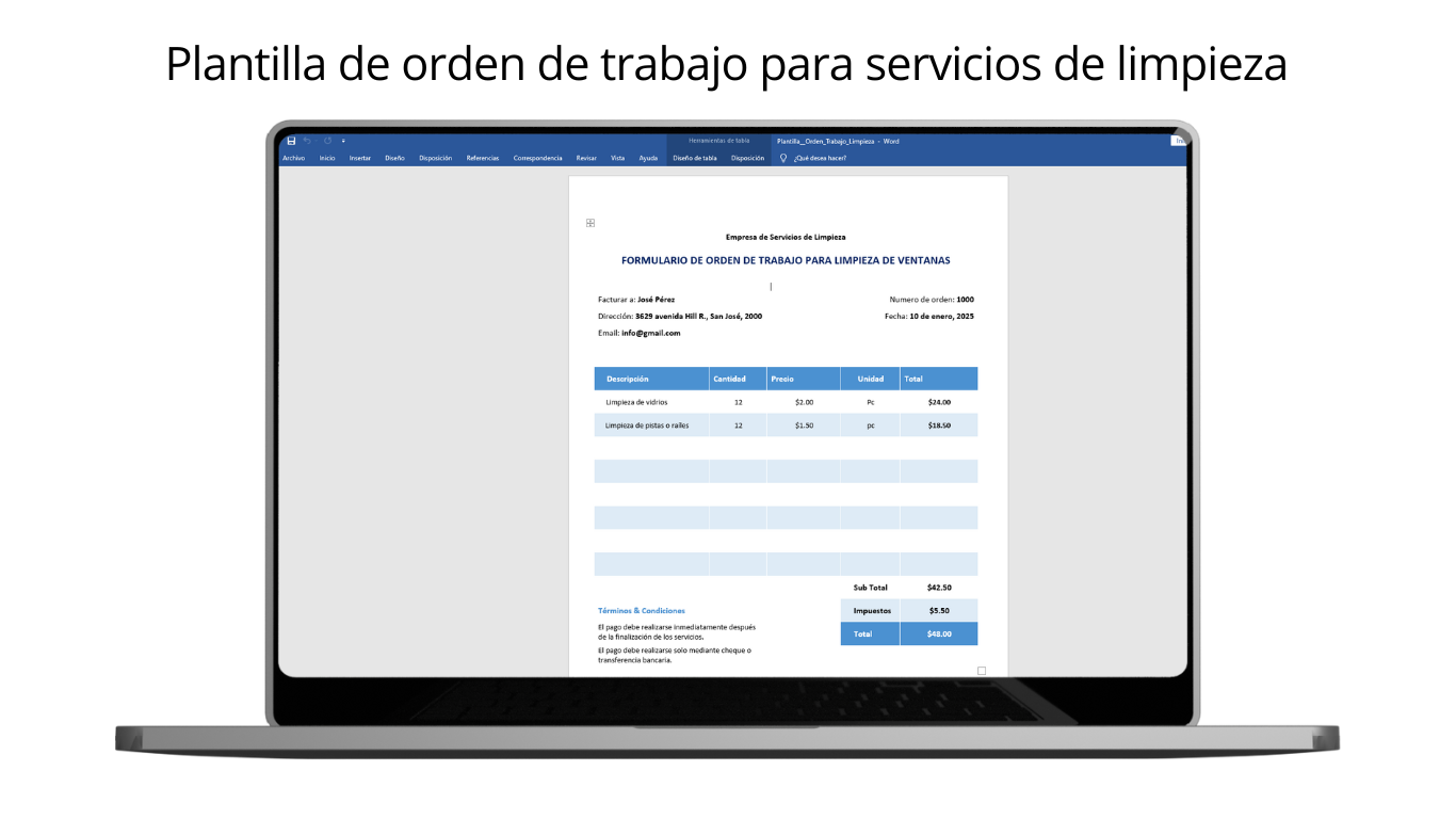 Plantilla de Orden de Trabajo para Servicios de Limpieza