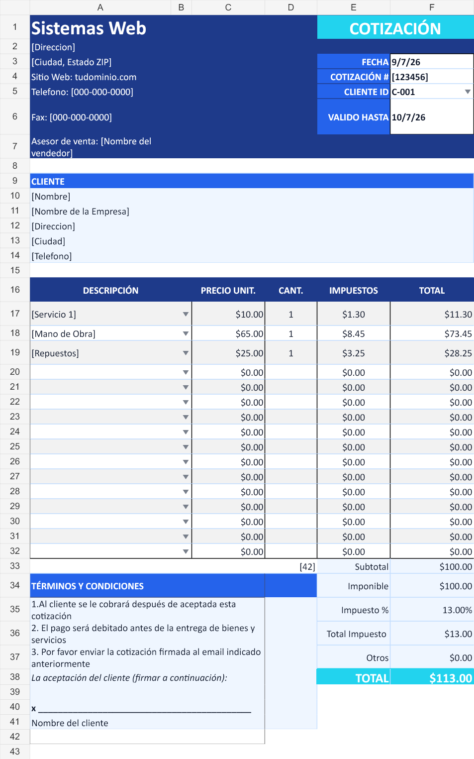 Tecnológica azul. Cotización con los datos de ejemplo del archivo.