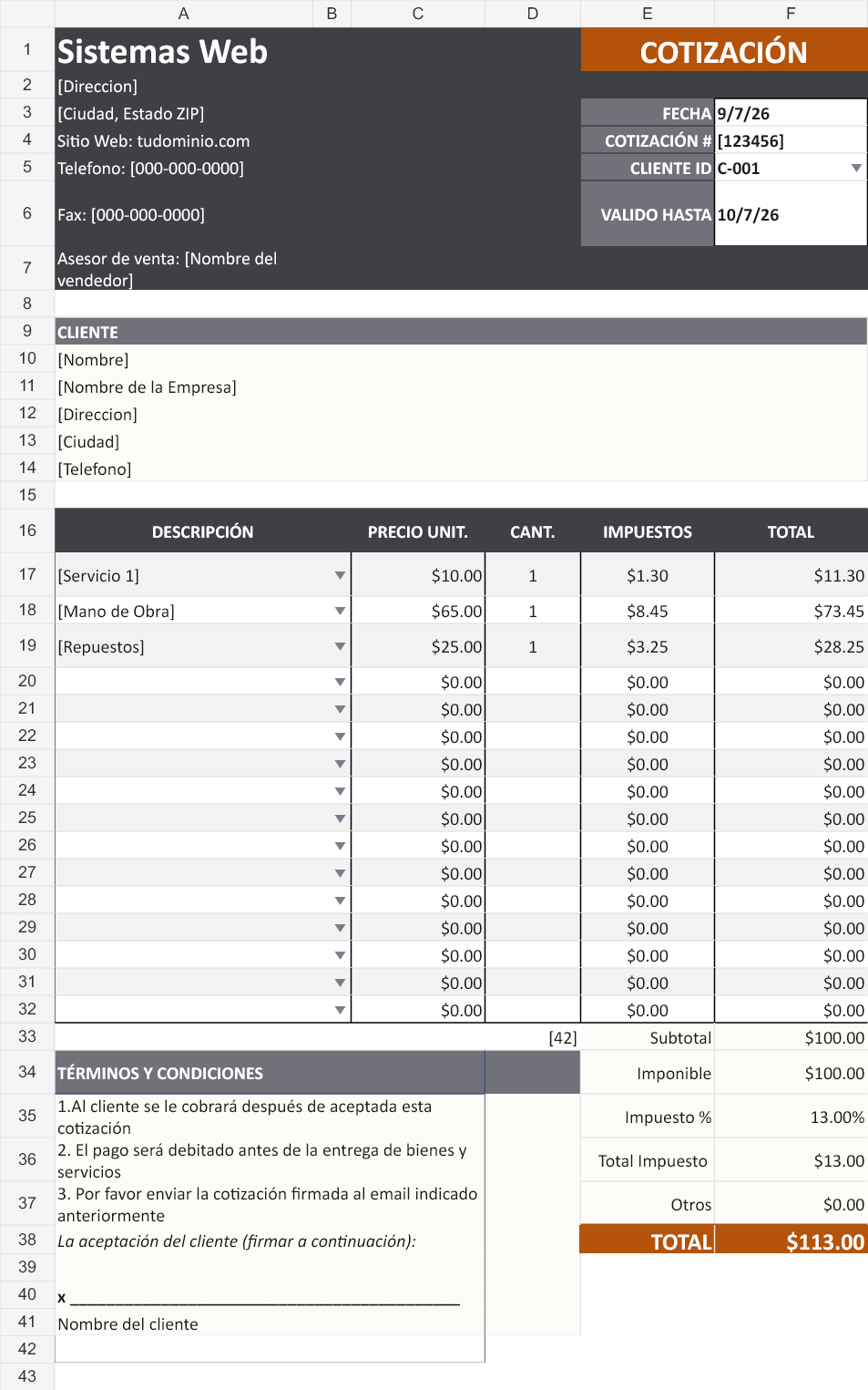 Lujo claro. Cotización con los datos de ejemplo del archivo.