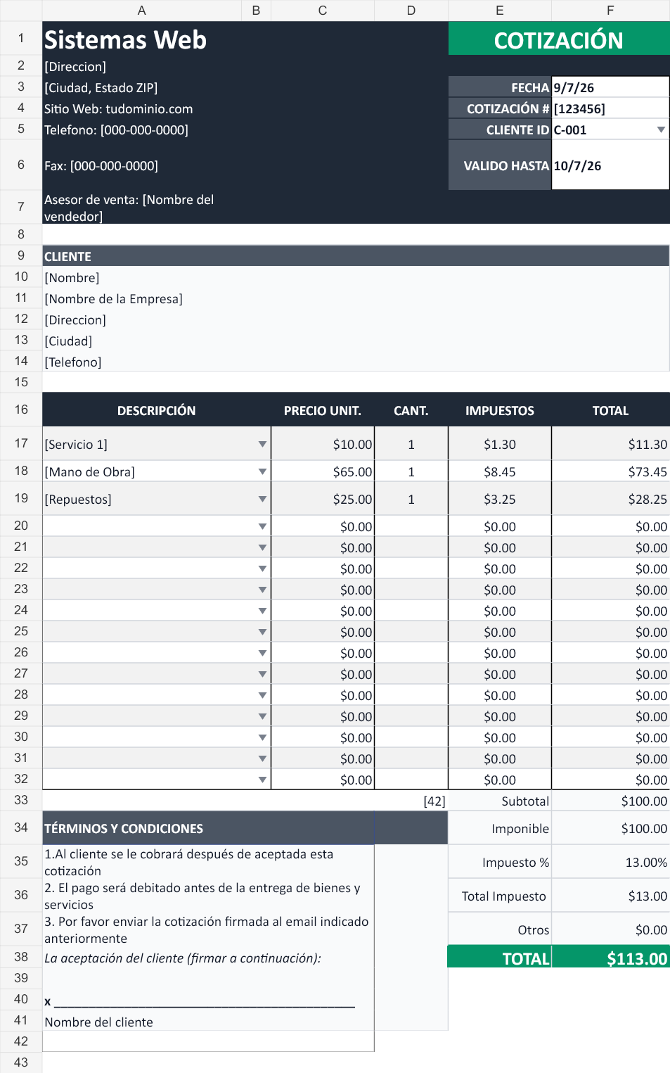 Impresión limpia. Cotización con los datos de ejemplo del archivo.