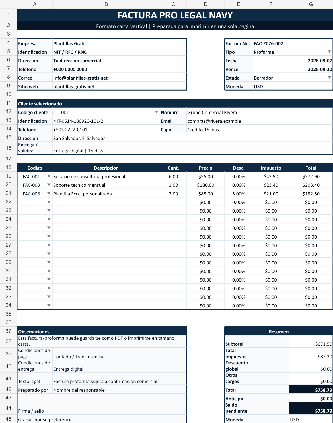 Legal navy. Vista con datos de ejemplo. El nombre identifica el estilo, no una certificación fiscal.