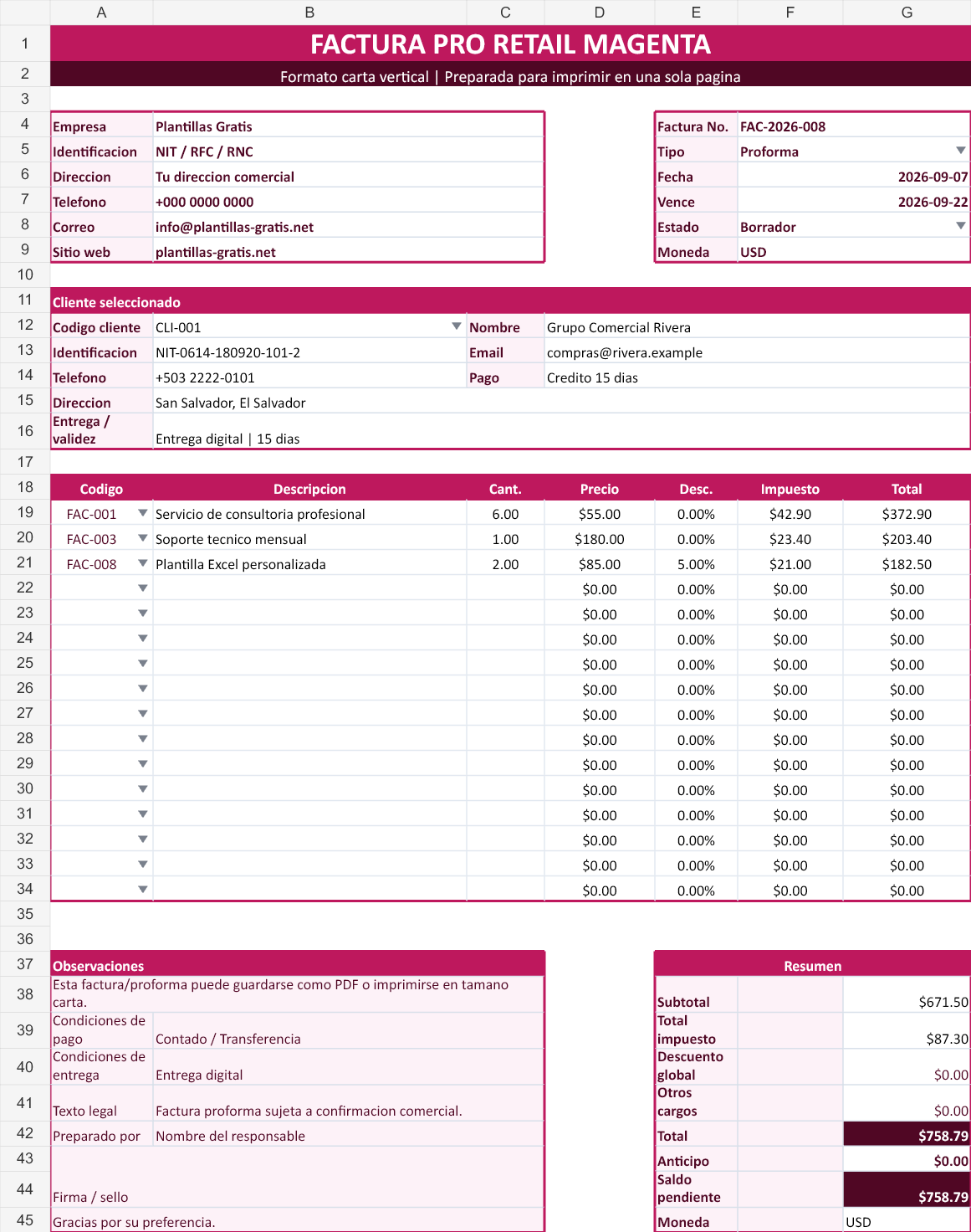 Retail magenta. Vista con los datos de ejemplo del archivo.