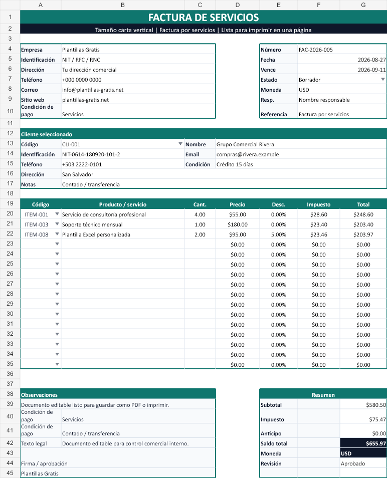 Factura de servicios. Hoja Documento con los datos de ejemplo incluidos.