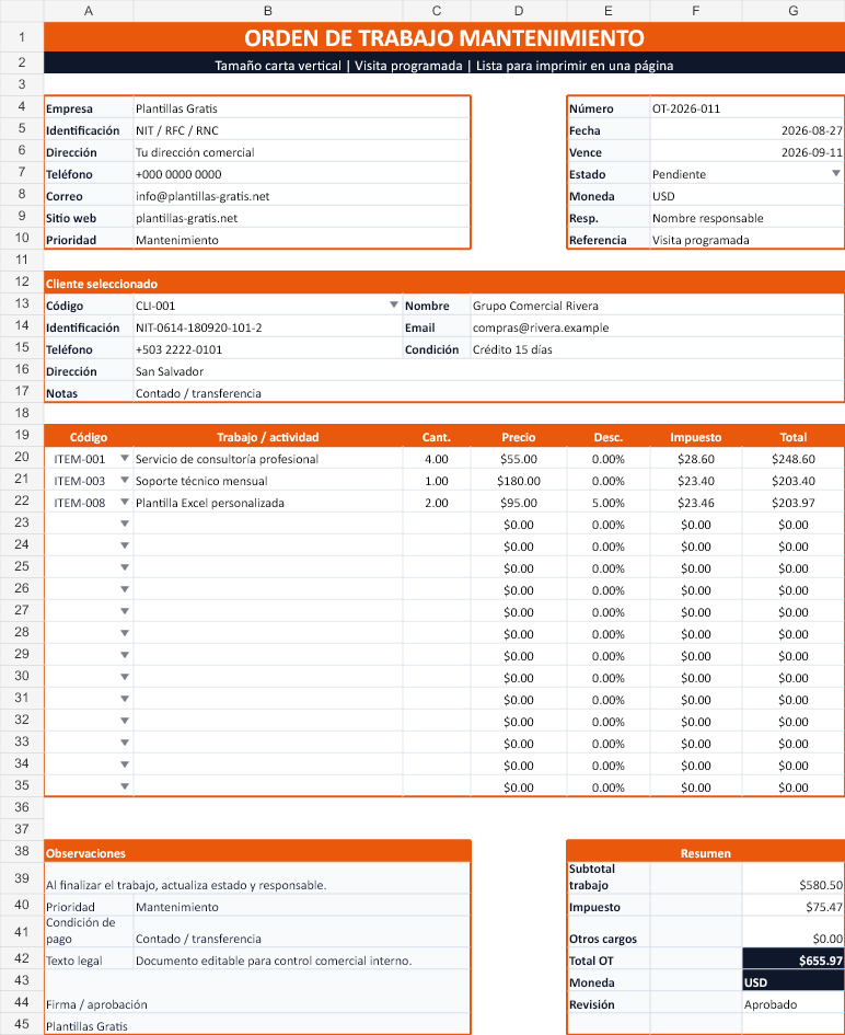 Orden de trabajo de mantenimiento. Hoja Documento con los datos de ejemplo incluidos.