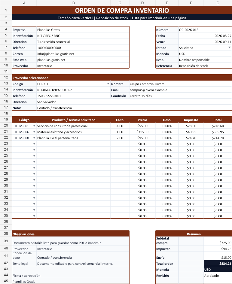 Orden de compra de inventario. Hoja Documento con los datos de ejemplo incluidos.