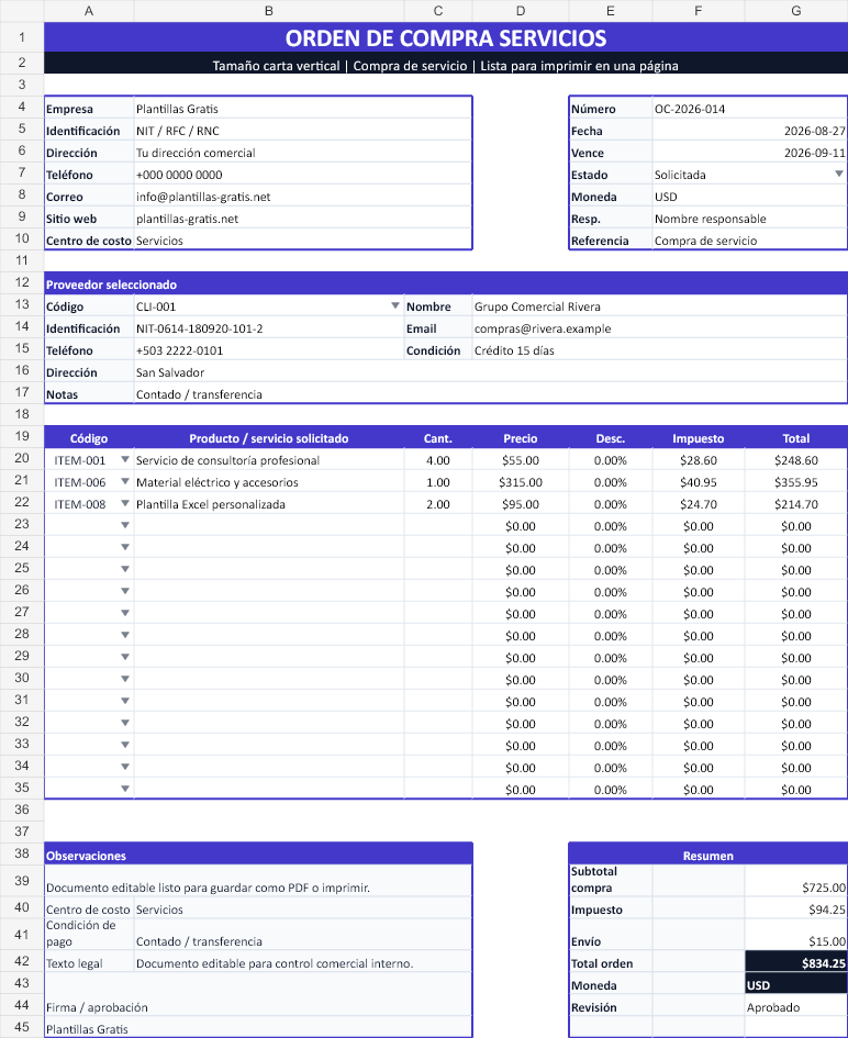 Orden de compra de servicios. Hoja Documento con los datos de ejemplo incluidos.