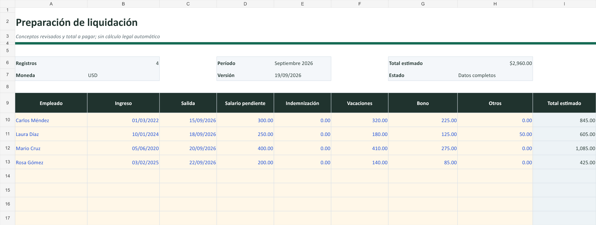 Liquidación. Vista parcial real: suma de importes capturados, no cálculo legal.