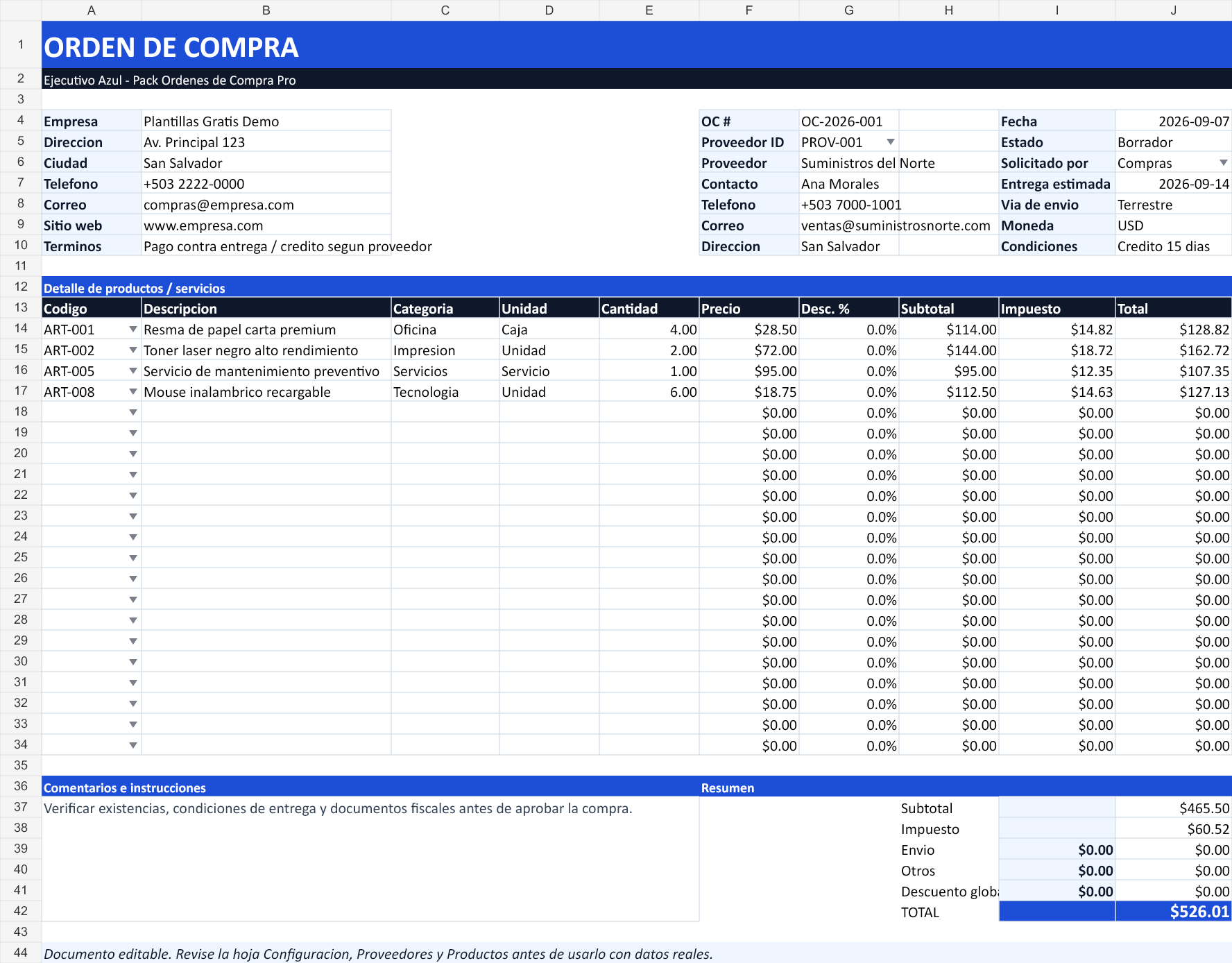 Ejecutivo azul. Hoja Orden de Compra con datos de ejemplo del archivo.