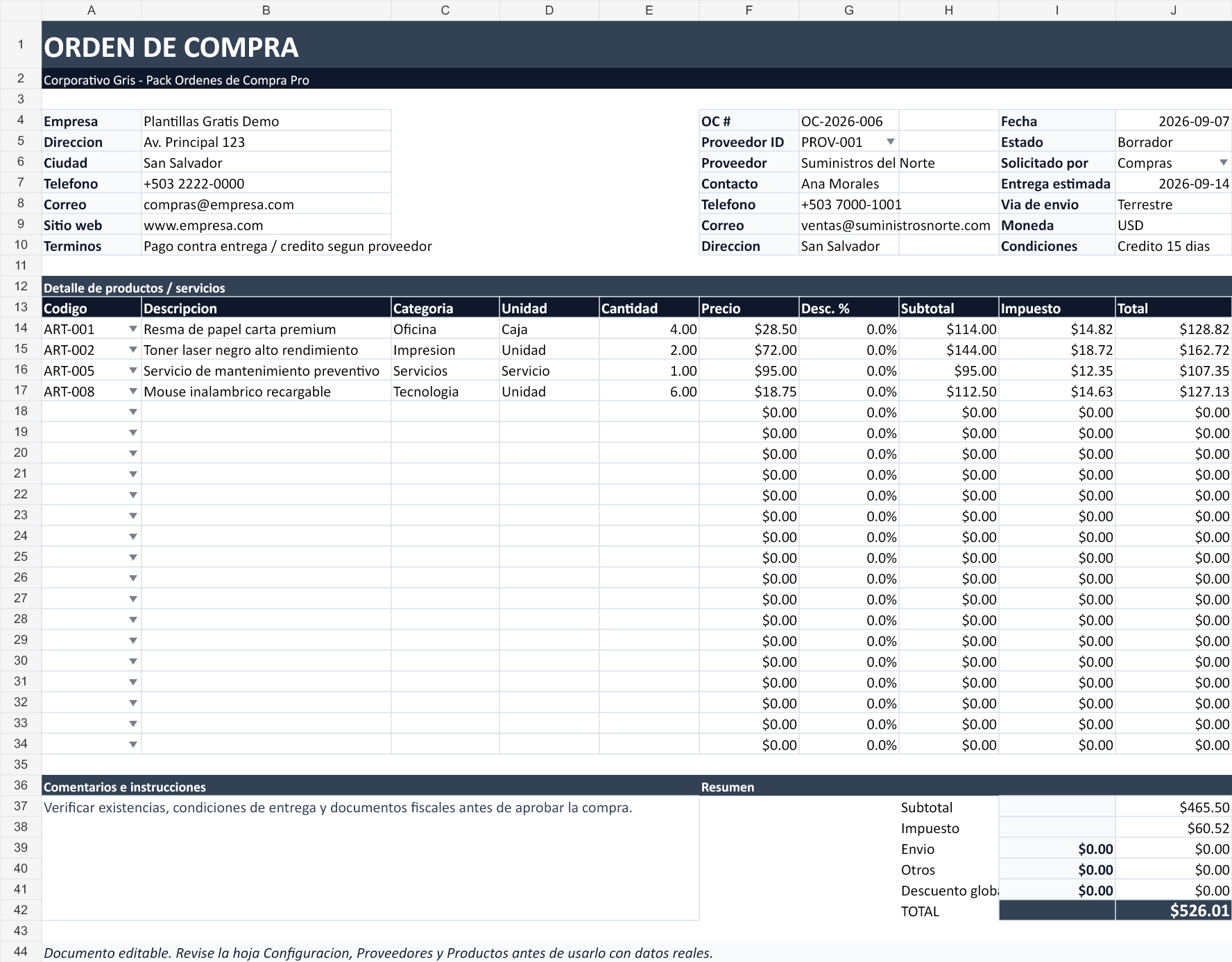 Corporativo gris. Hoja Orden de Compra con datos de ejemplo del archivo.