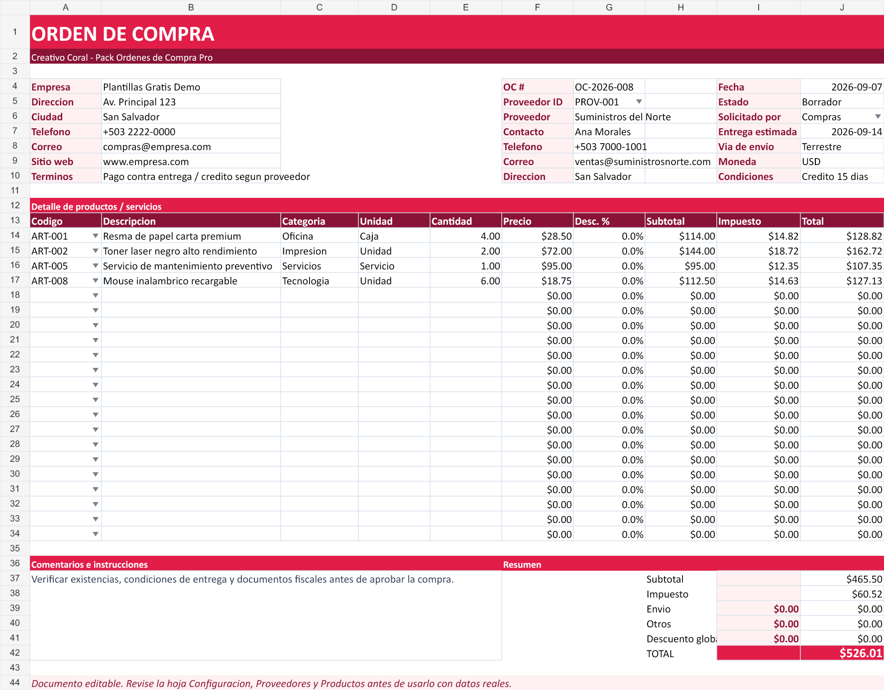 Creativo coral. Hoja Orden de Compra con datos de ejemplo del archivo.