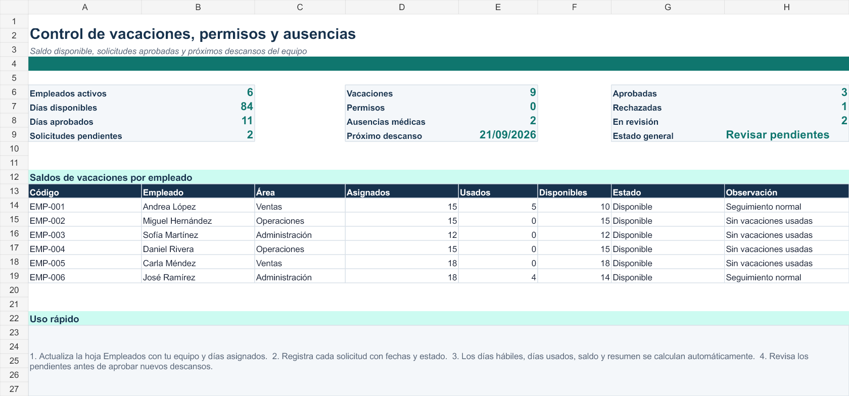 Plantilla de control de vacaciones y permisos en Excel gratis