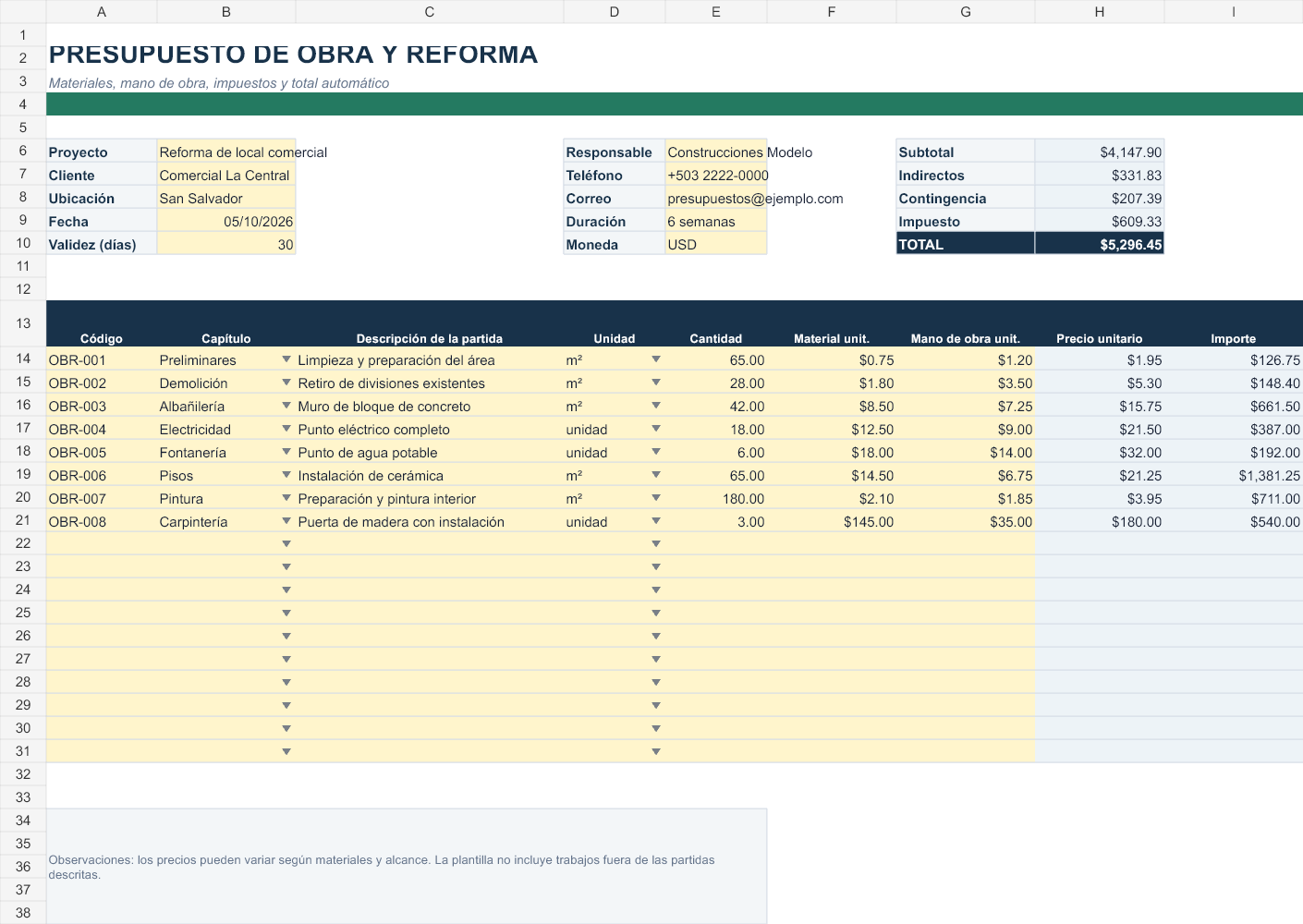 Plantilla de presupuesto de obra en Excel gratis
